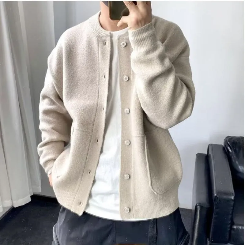 Men's loose fit wool cardigan sweater with round neck in black colour option Hong Kong style