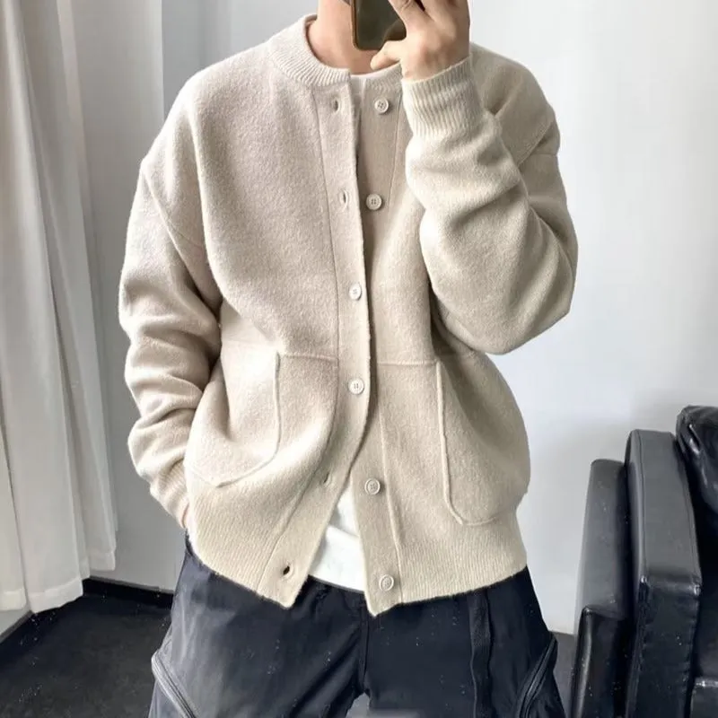 Men's loose fit wool cardigan sweater with round neck in black colour option Hong Kong style