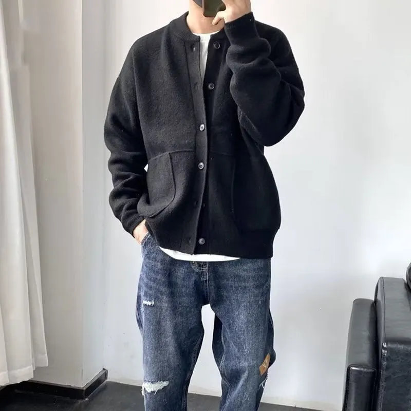 Men's loose fit wool cardigan sweater with round neck in black colour option Hong Kong style