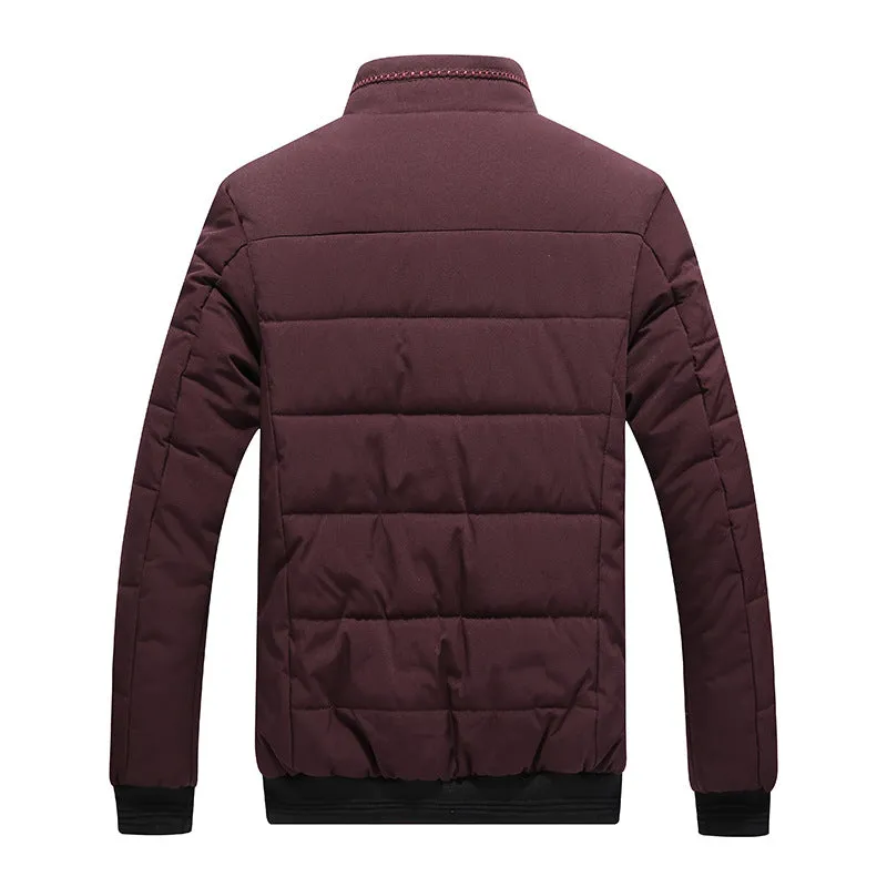 Men's winter coat Korean style fleece-lined cotton-padded jacket with zipper pockets in black, dark blue, and purplish red