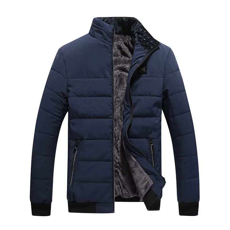 Men's winter coat Korean style fleece-lined cotton-padded jacket with zipper pockets in black, dark blue, and purplish red