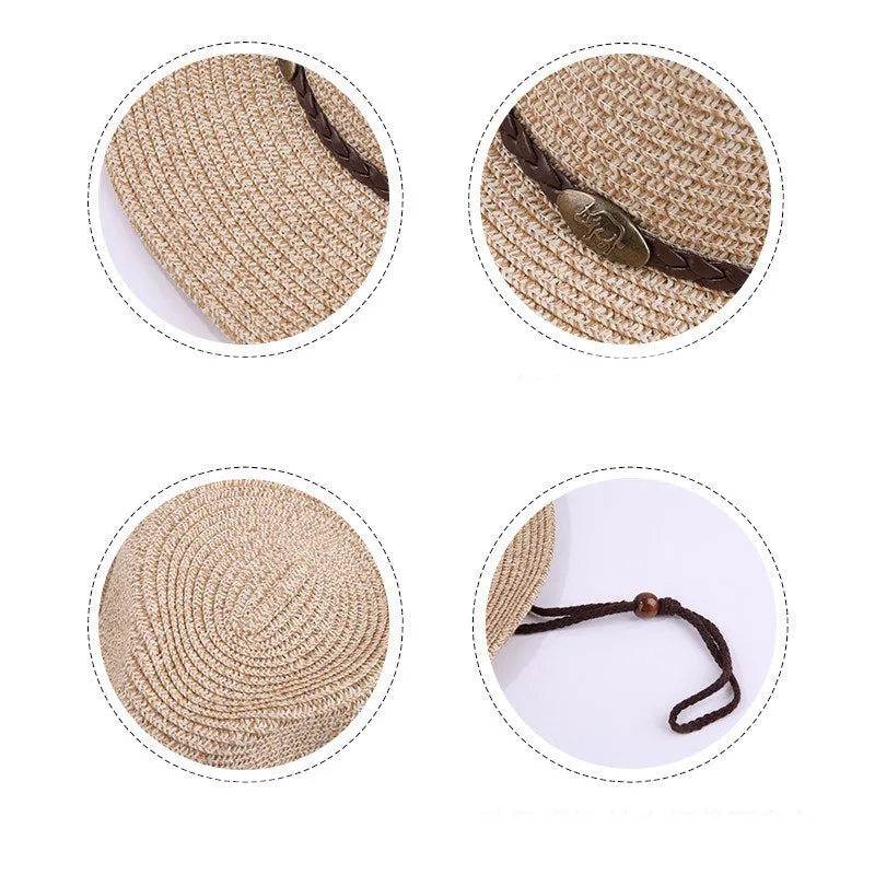 Unisex papyrus wide brim sun hat with adjustable chin strap wind lanyard, in brown, on neutral background