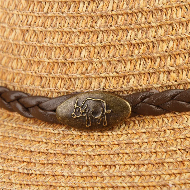 Unisex papyrus wide brim sun hat with adjustable chin strap wind lanyard, in brown, on neutral background