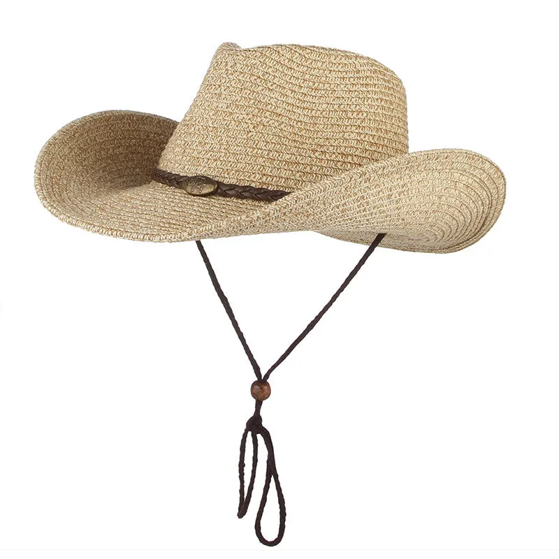 Unisex papyrus wide brim sun hat with adjustable chin strap wind lanyard, in brown, on neutral background