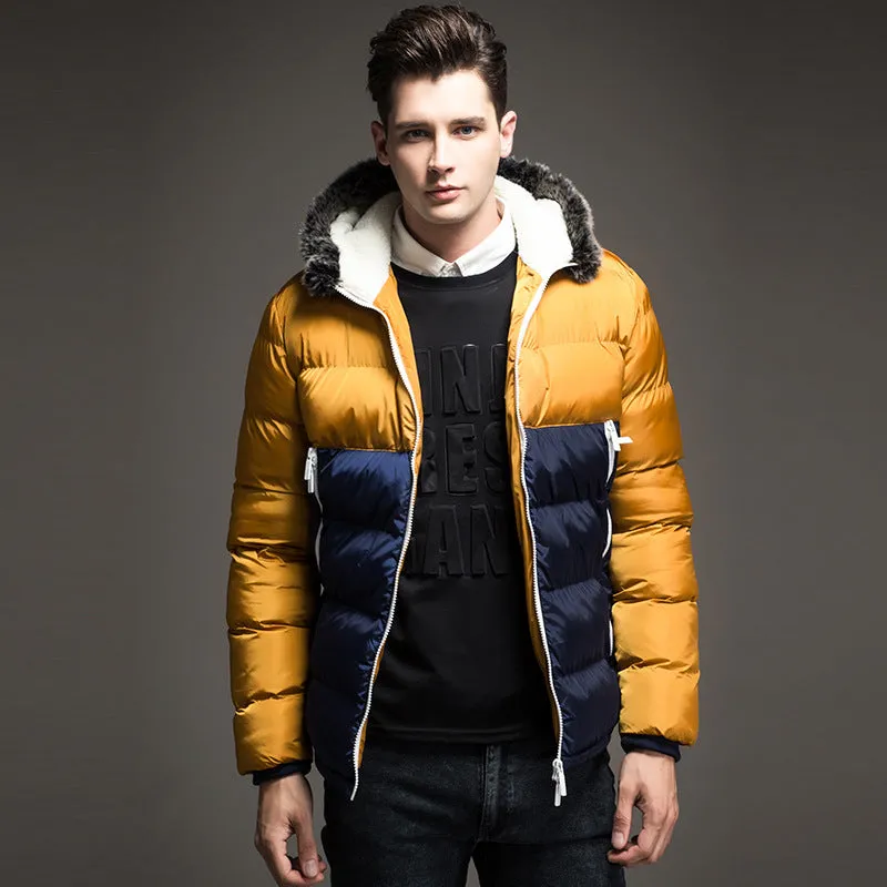 Winter padded coat with hood in white blue colour block design, front view