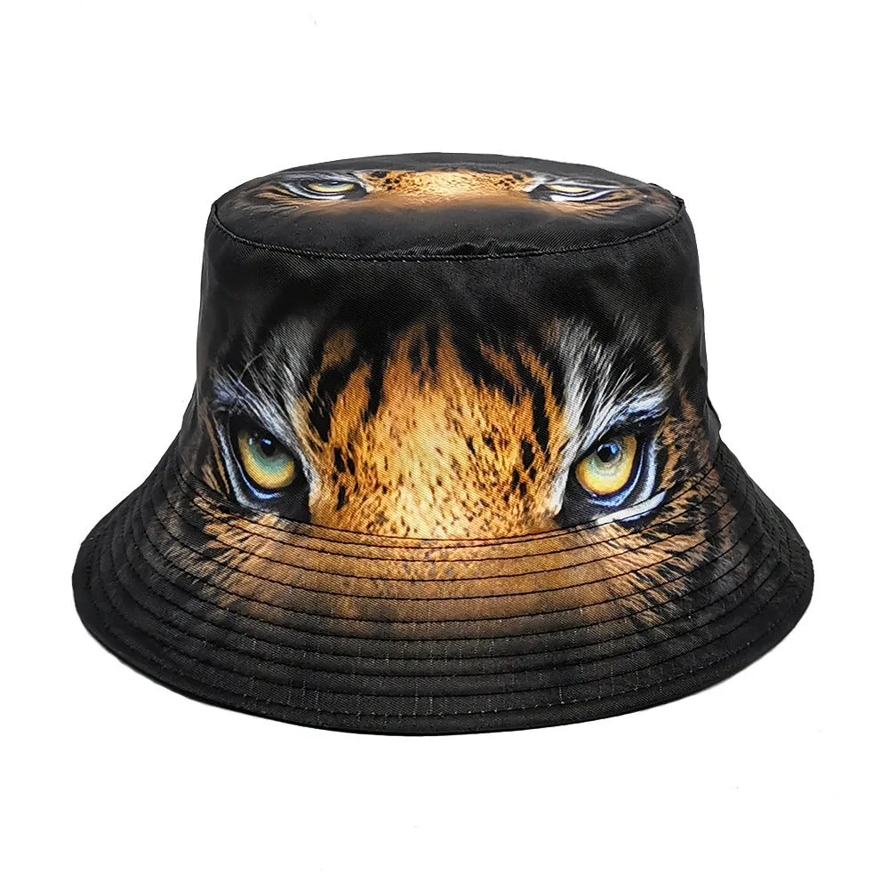 Medium-sized khaki tiger pattern bucket hat with a dome crown on a neutral background.