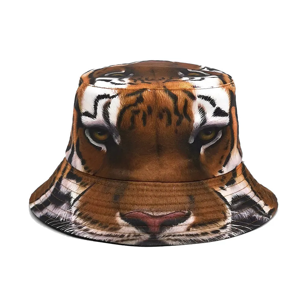 Medium-sized khaki tiger pattern bucket hat with a dome crown on a neutral background.