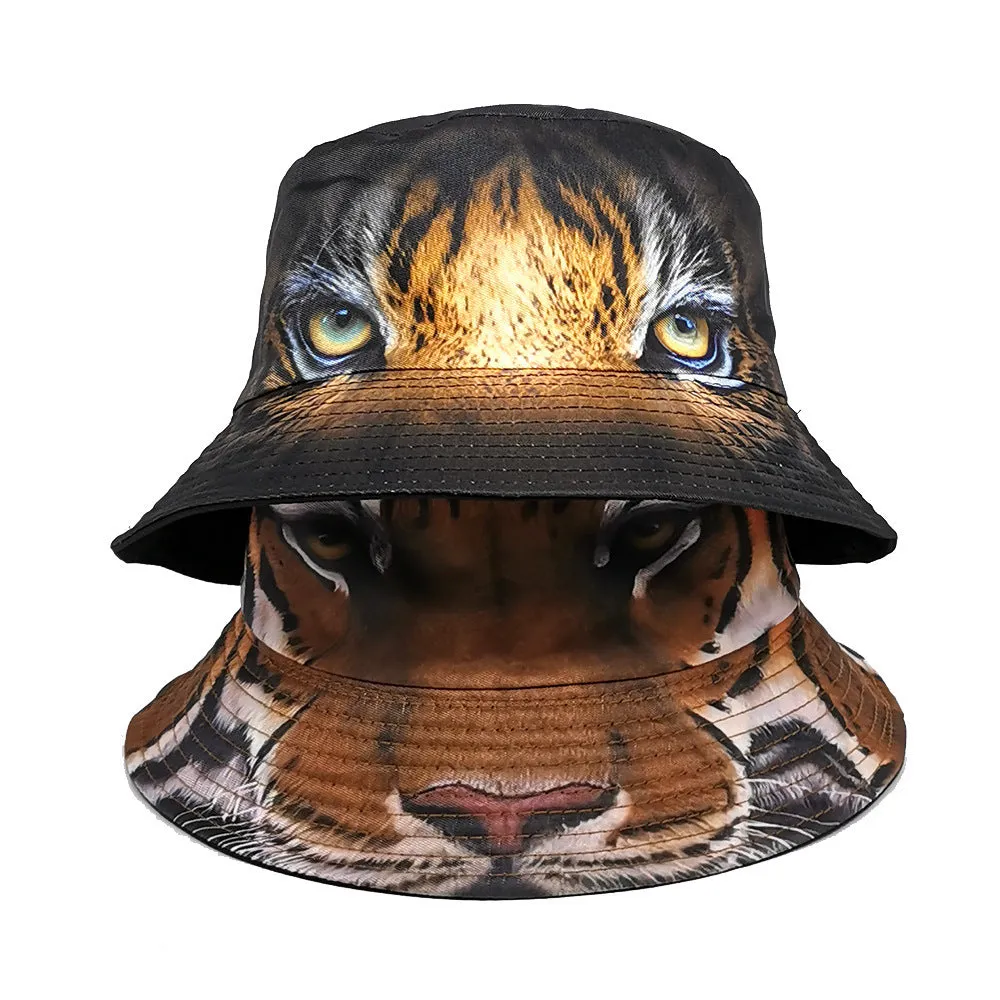 Medium-sized khaki tiger pattern bucket hat with a dome crown on a neutral background.