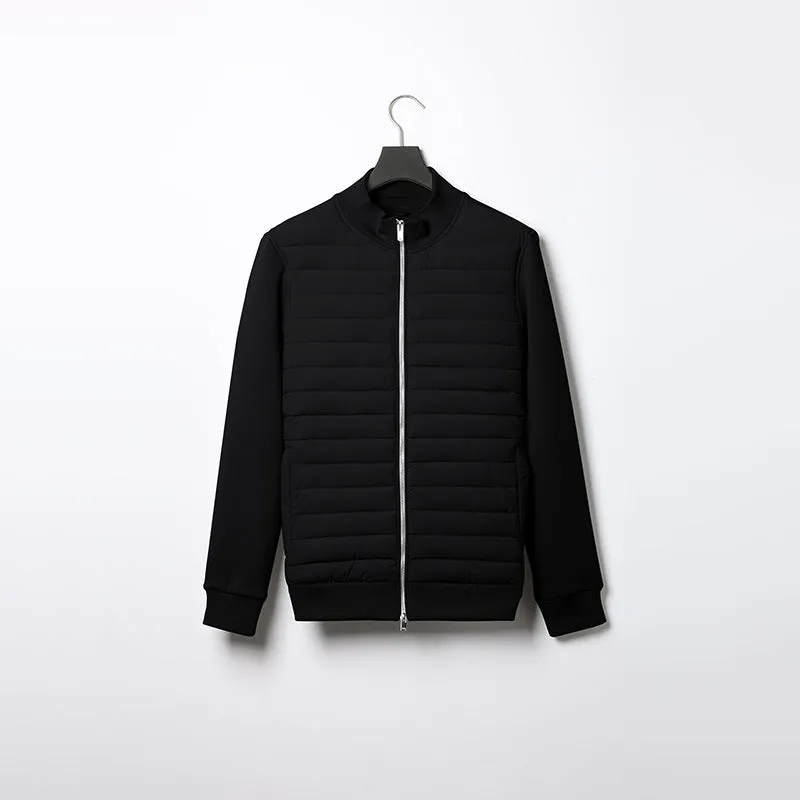 Men's lightweight stand collar coat with knitted stitching in solid colour, available in black, light gray, and navy blue