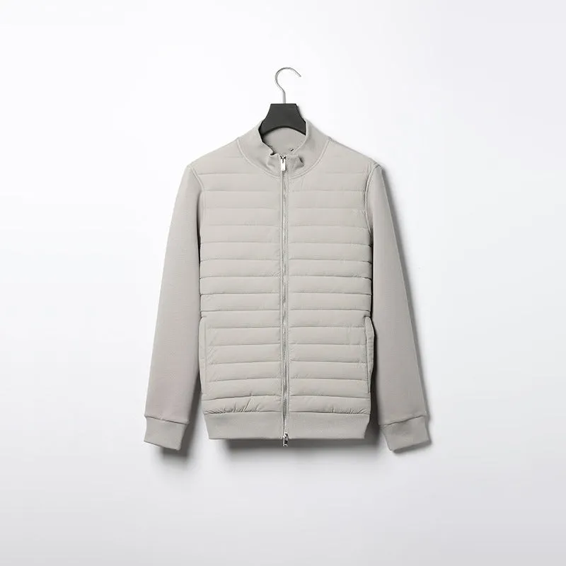 Men's lightweight stand collar coat with knitted stitching in solid colour, available in black, light gray, and navy blue
