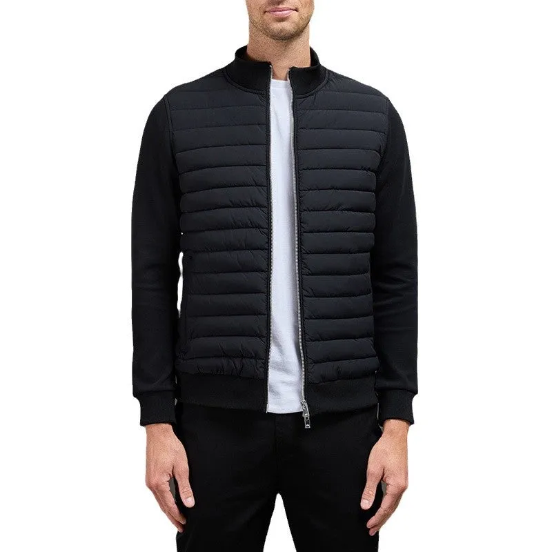 Men's lightweight stand collar coat with knitted stitching in solid colour, available in black, light gray, and navy blue