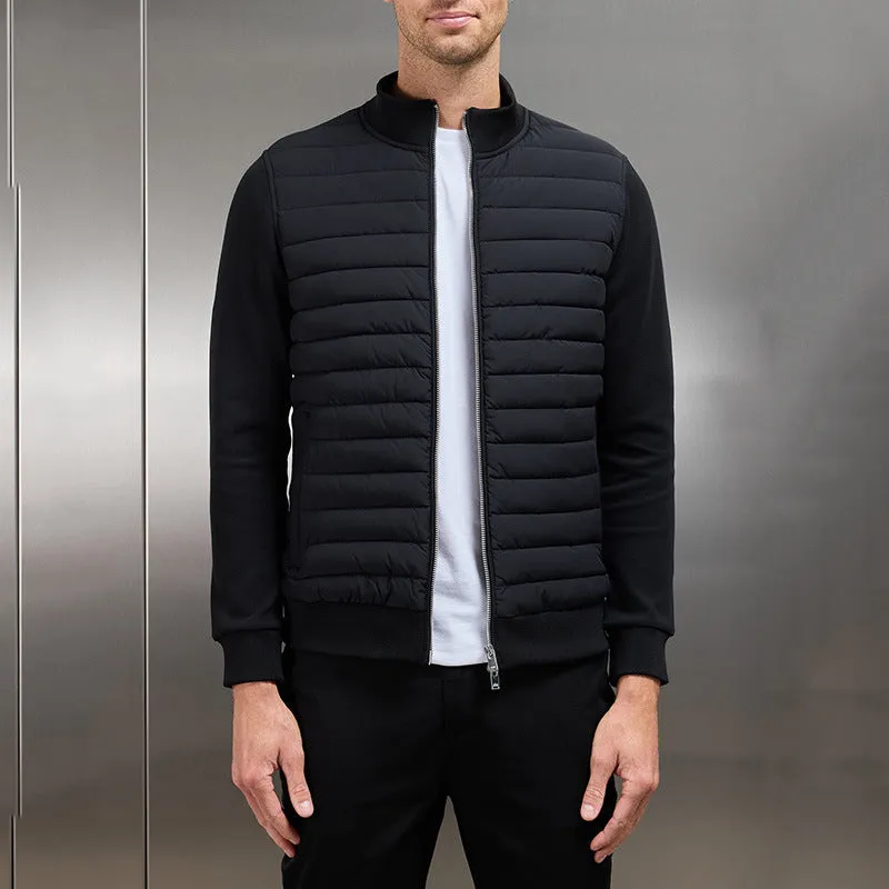 Men's lightweight stand collar coat with knitted stitching in solid colour, available in black, light gray, and navy blue