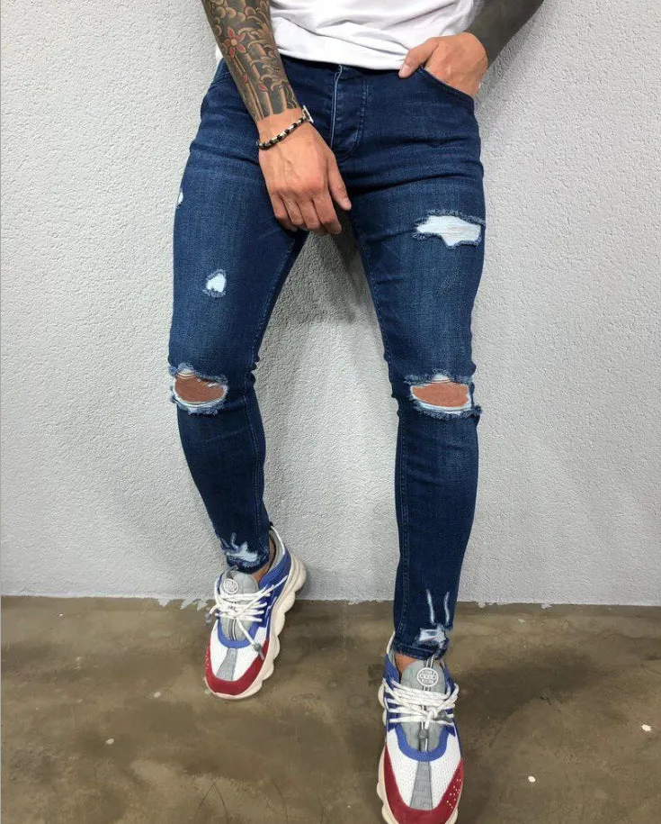 Men black stretch skinny ripped denim jeans with knee holes and zip fly