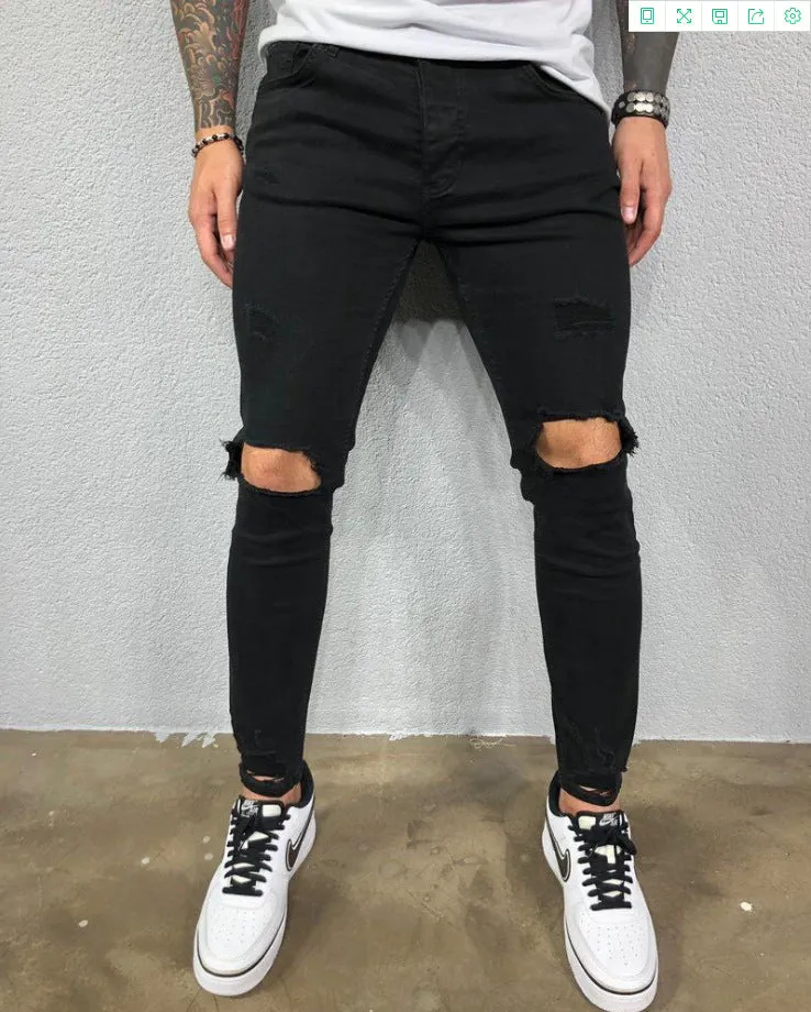 Men black stretch skinny ripped denim jeans with knee holes and zip fly