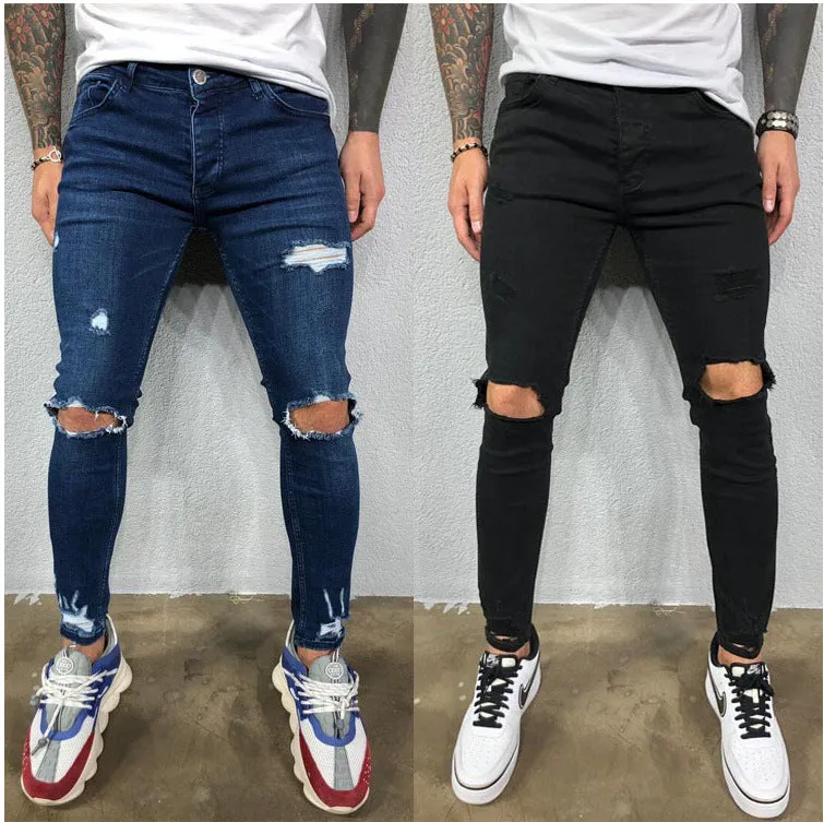 Men black stretch skinny ripped denim jeans with knee holes and zip fly