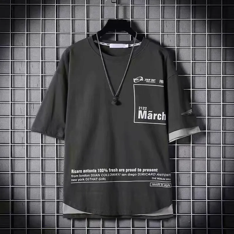 Couples wear simple loose half-sleeve tshirt top in grey polyester with size chart