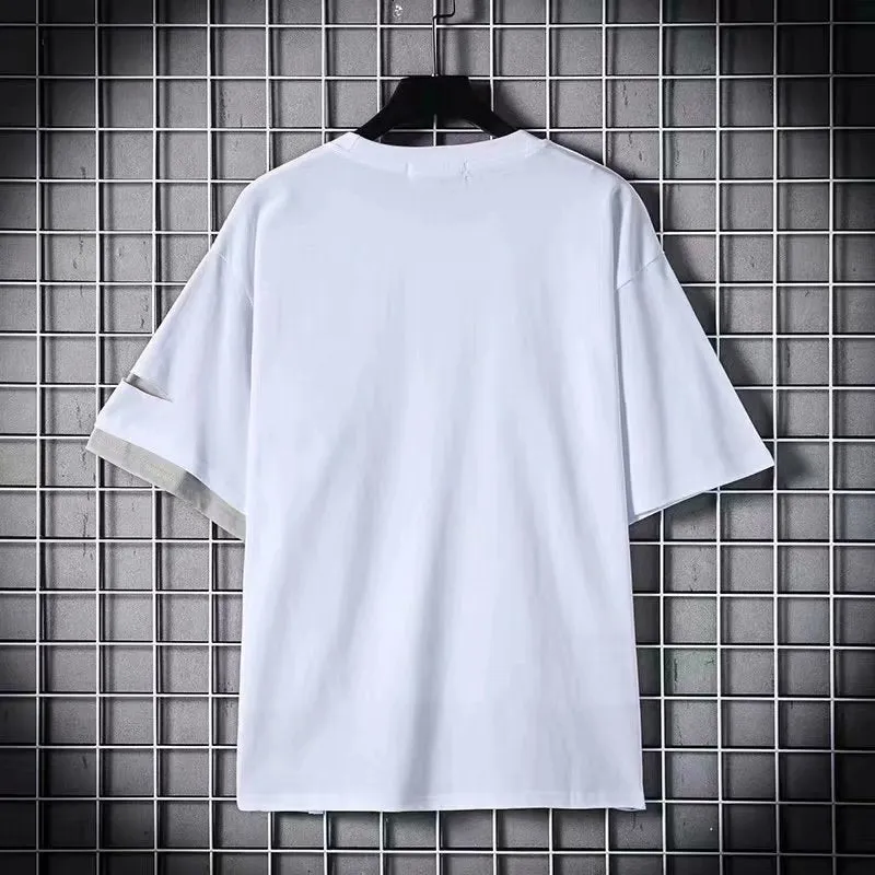 Couples wear simple loose half-sleeve tshirt top in grey polyester with size chart