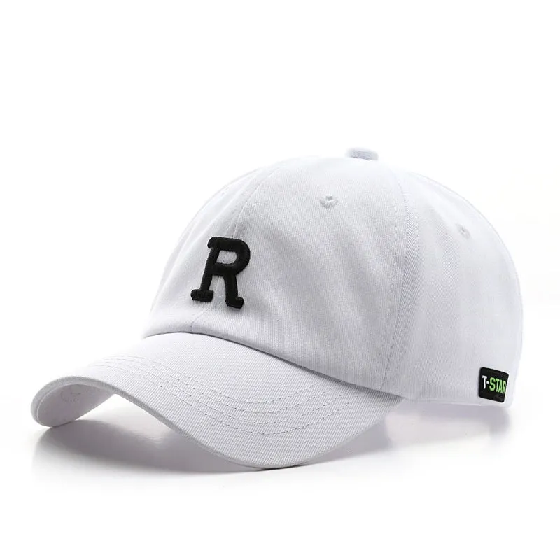Adjustable cotton baseball cap with embroidered letter R in beige colour, dome style, unisex design