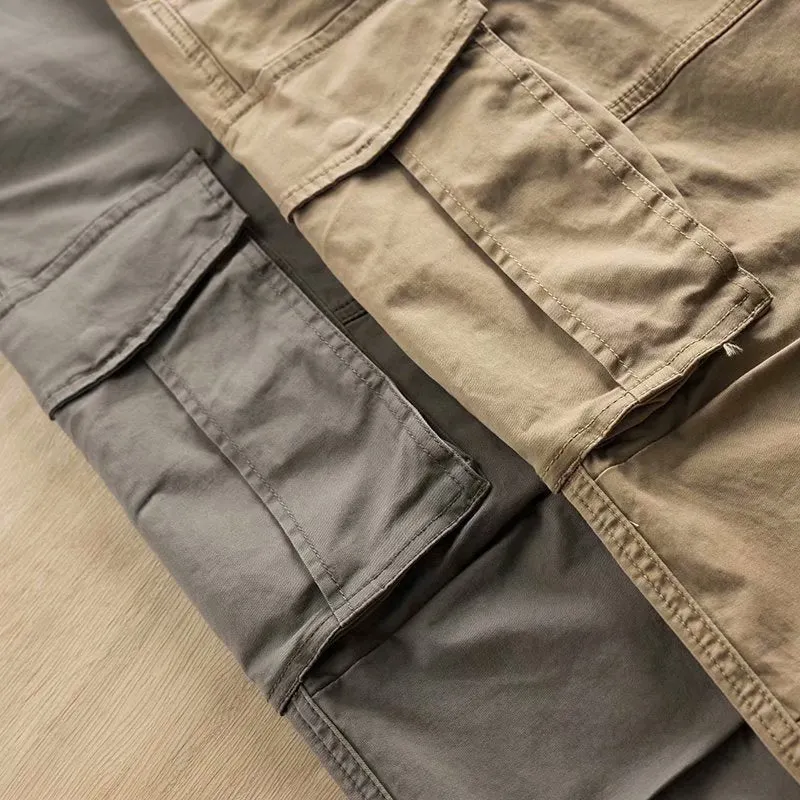 Men's multi-pocket cropped work trousers in cotton, shown in khaki colour