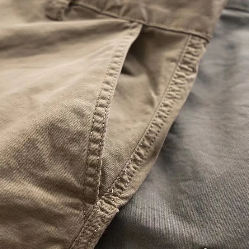 Men's multi-pocket cropped work trousers in cotton, shown in khaki colour