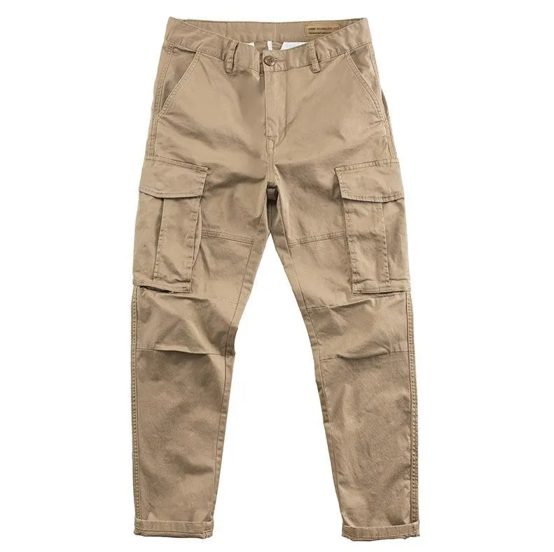 Men's multi-pocket cropped work trousers in cotton, shown in khaki colour