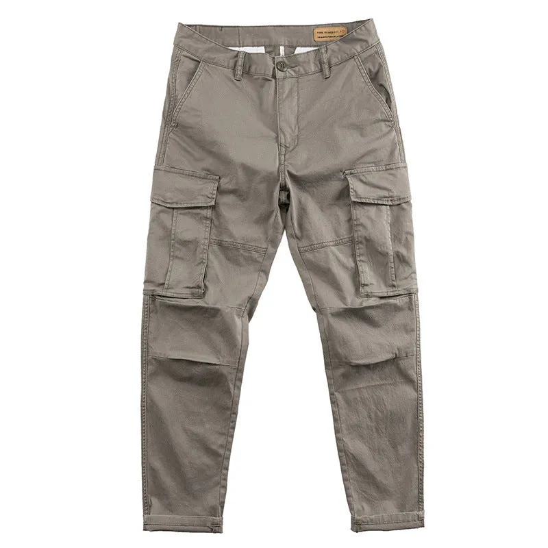 Men's multi-pocket cropped work trousers in cotton, shown in khaki colour