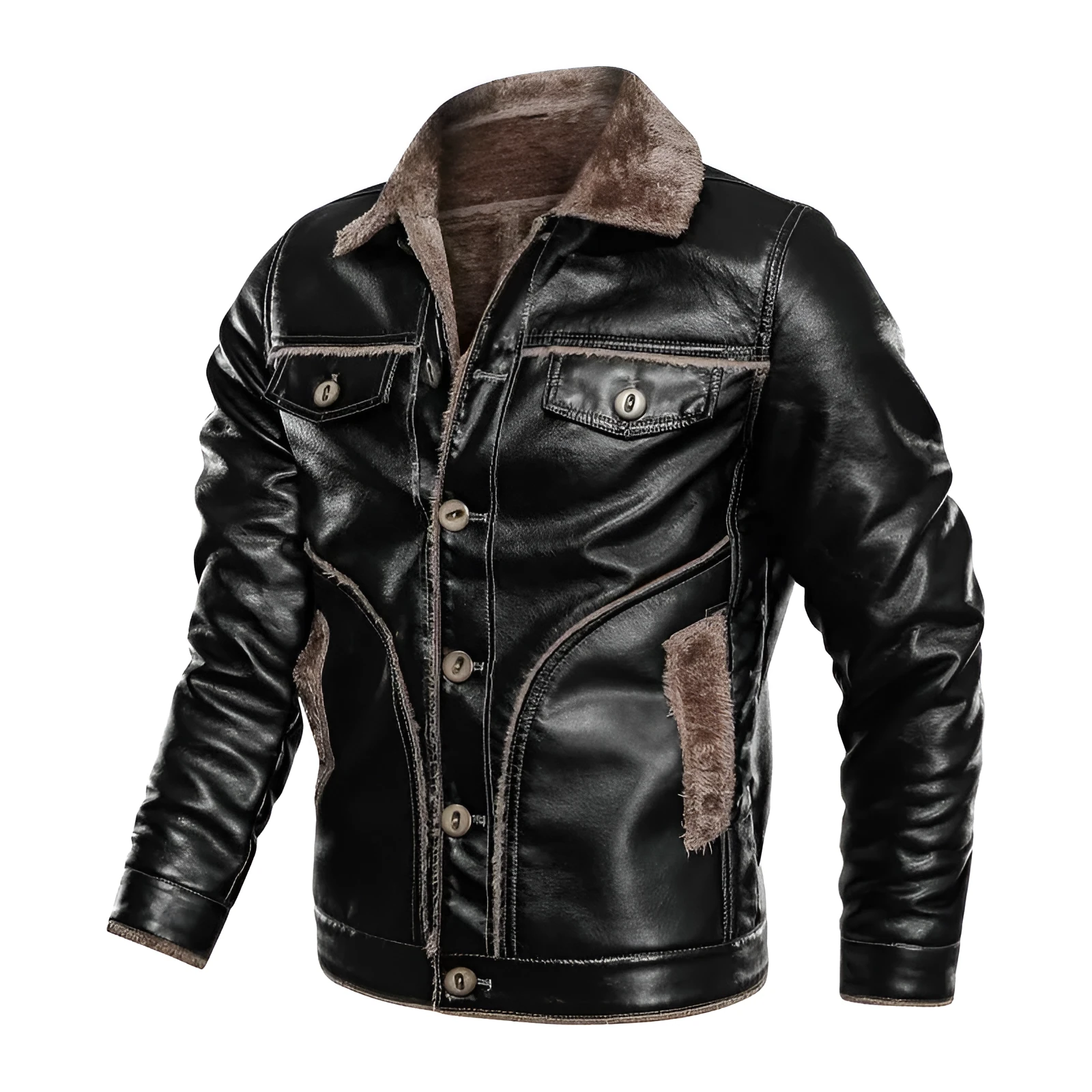 Men's PU leather biker jacket with lapel collar and zipper decoration, front view, black