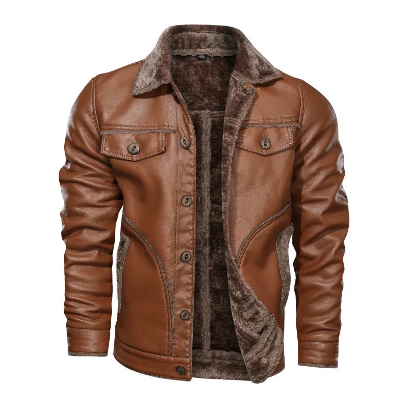 Men's PU leather biker jacket with lapel collar and zipper decoration, front view, black