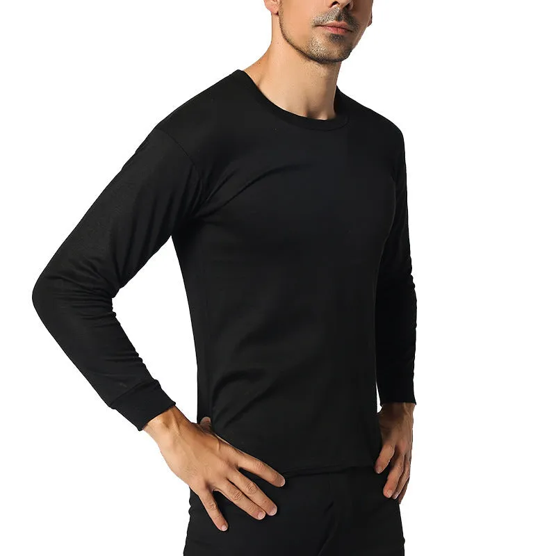 Men's round neck polyester thermal underwear suit in black with slim fit top and bottom on white background