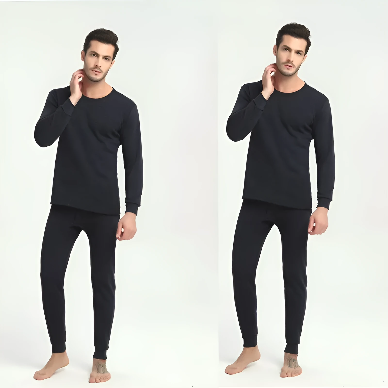 Men's round neck polyester thermal underwear suit in black with slim fit top and bottom on white background
