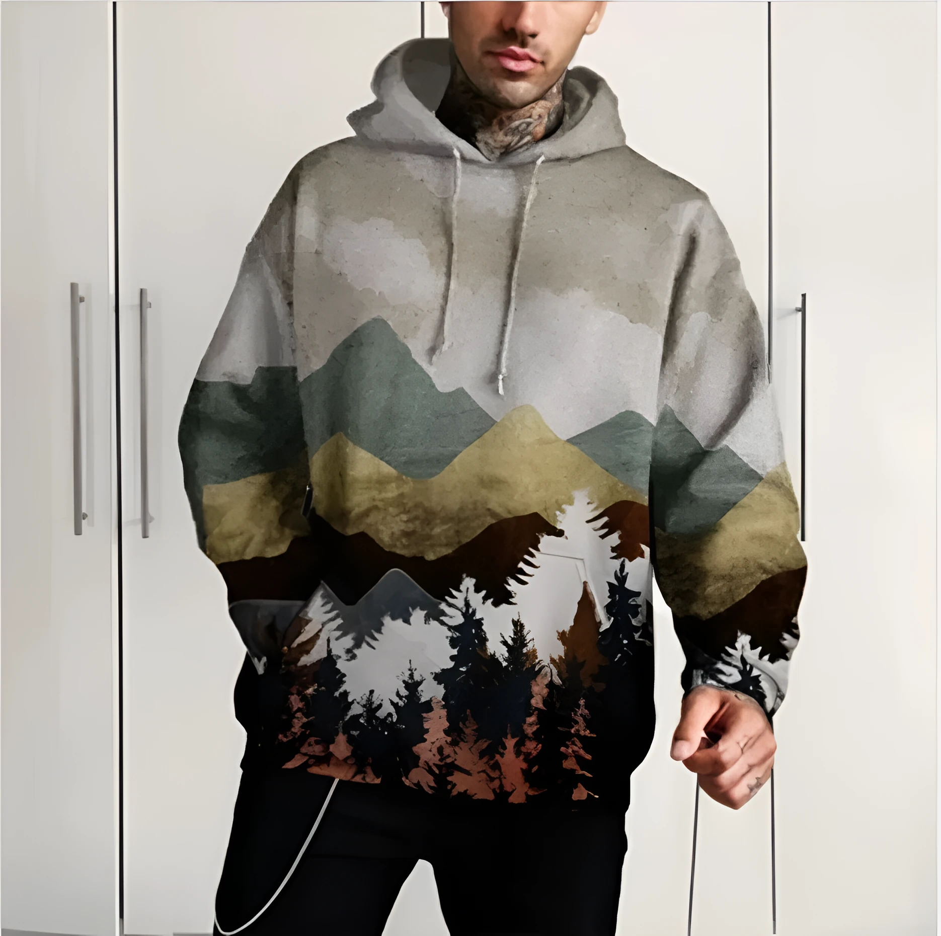Printed super flexible hoodie for men in grey, 80% polyester fibre casual fleece