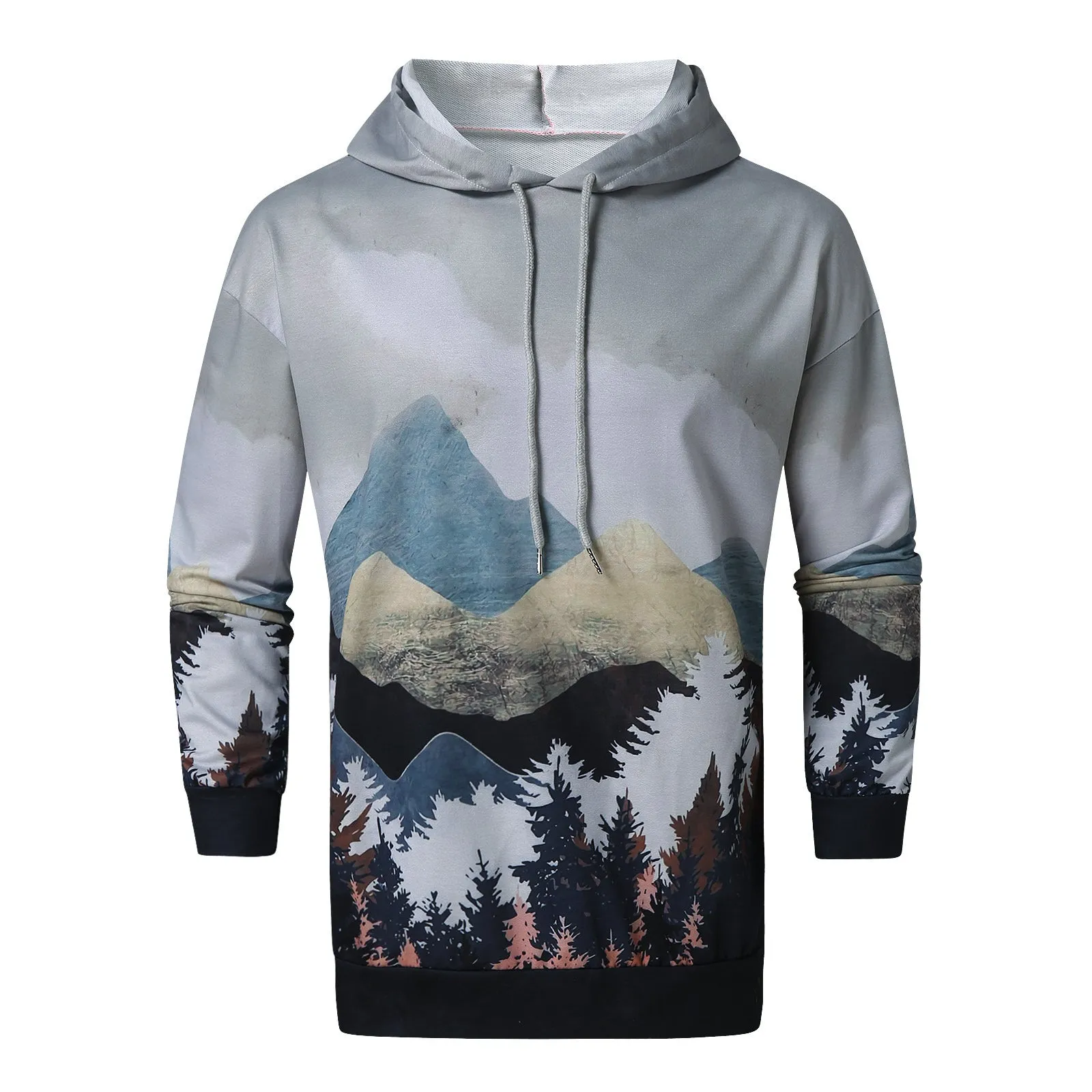 Printed super flexible hoodie for men in grey, 80% polyester fibre casual fleece