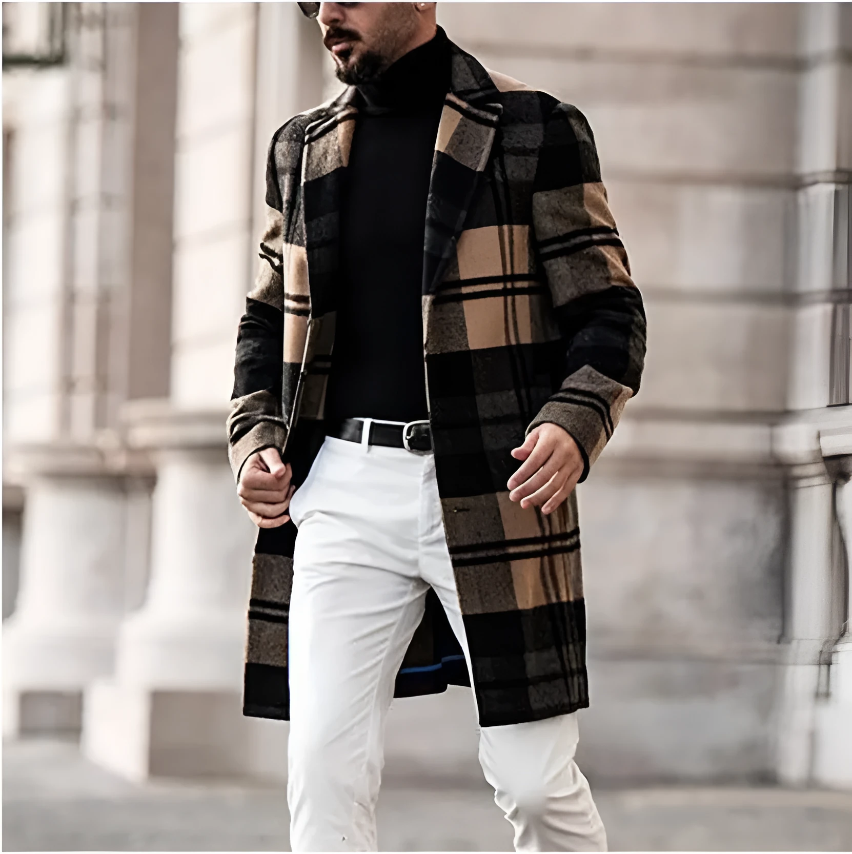 Men's plaid coat with lapel collar and quilted lining in black check pattern, front view
