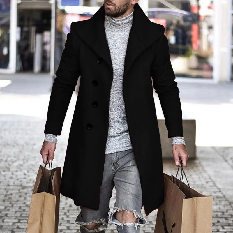 Men's plaid coat with lapel collar and quilted lining in black check pattern, front view