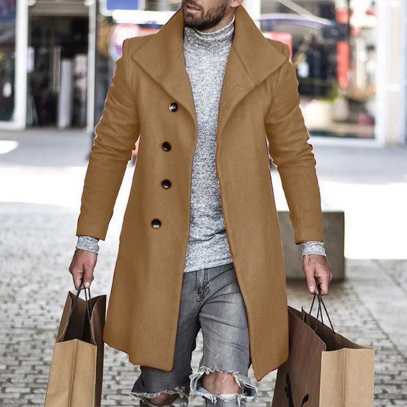 Men's plaid coat with lapel collar and quilted lining in black check pattern, front view