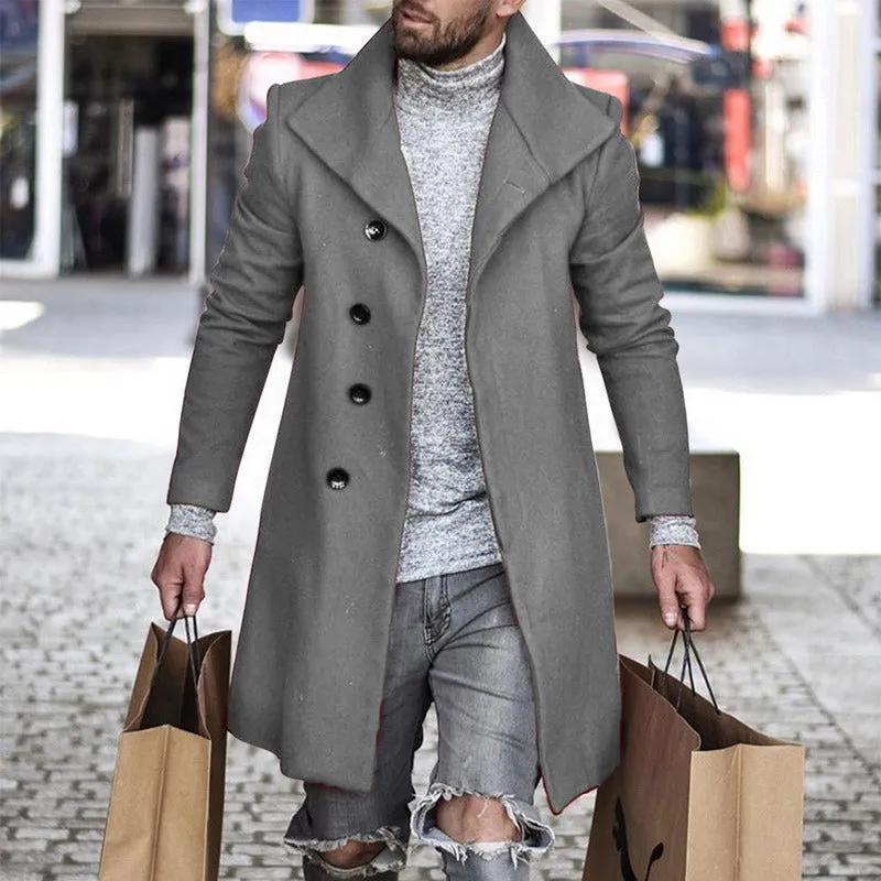 Men's plaid coat with lapel collar and quilted lining in black check pattern, front view