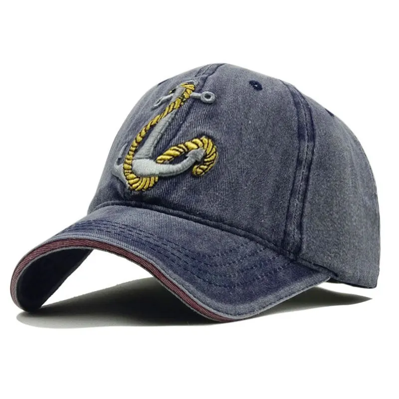 Anchor embroidered cotton baseball cap in Khaki colour, front view, showing adjustable back strap.