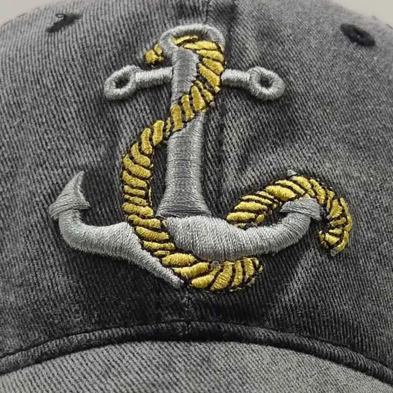 Anchor embroidered cotton baseball cap in Khaki colour, front view, showing adjustable back strap.