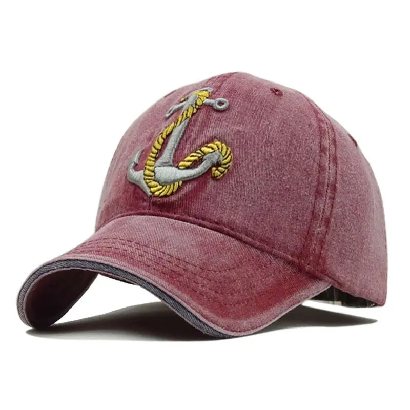 Anchor embroidered cotton baseball cap in Khaki colour, front view, showing adjustable back strap.