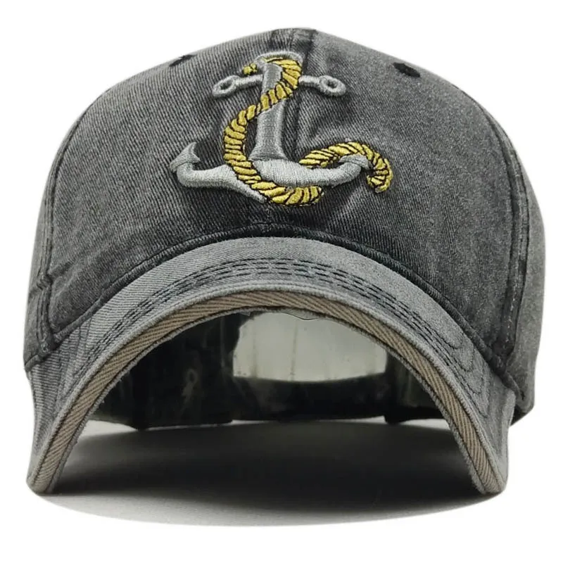 Anchor embroidered cotton baseball cap in Khaki colour, front view, showing adjustable back strap.