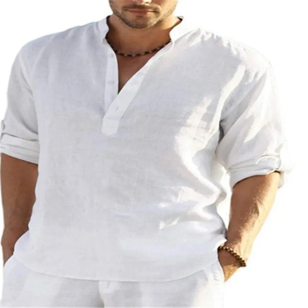 Casual men's loose fitting blue long sleeve shirt with standing collar and stitching details