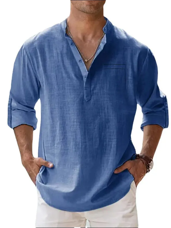Casual men's loose fitting blue long sleeve shirt with standing collar and stitching details