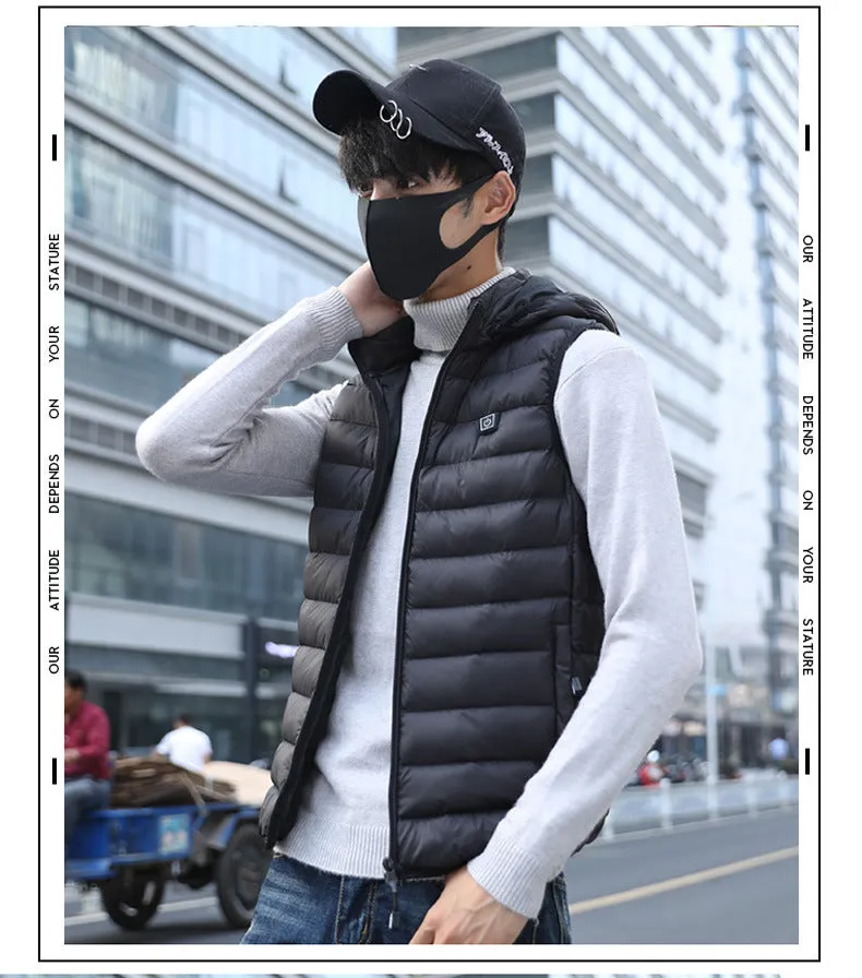Heated cotton vest with carbon fibre heating element in black, available in sizes L to 4XL