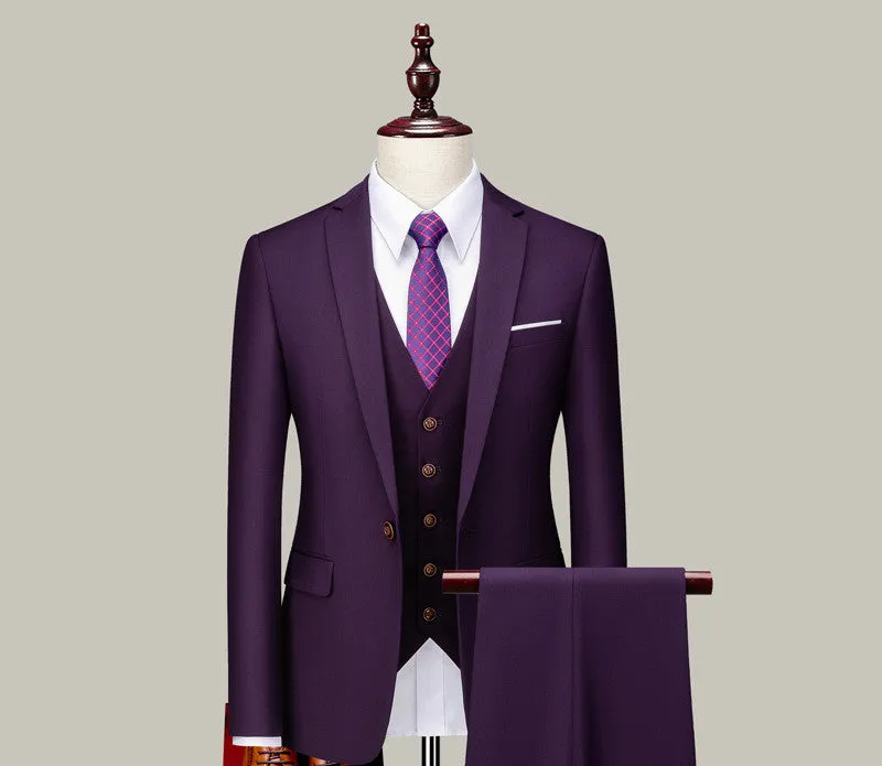 Men's three-piece suit set in pure black with double button front and suit collar, side slit design, acetate fibre blend fabric