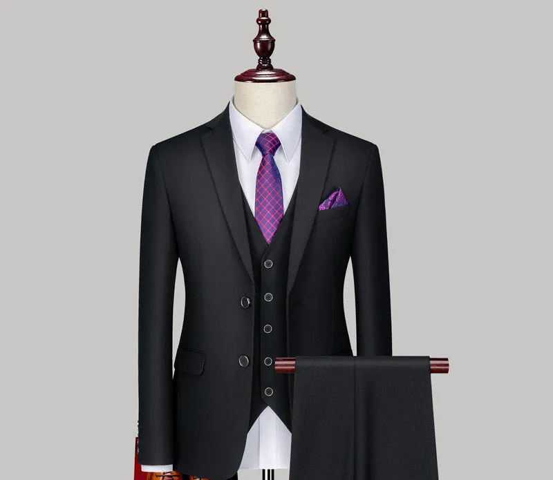 Men's three-piece suit set in pure black with double button front and suit collar, side slit design, acetate fibre blend fabric