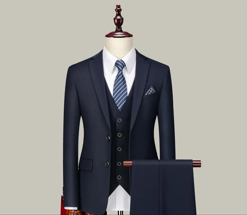 Men's three-piece suit set in pure black with double button front and suit collar, side slit design, acetate fibre blend fabric
