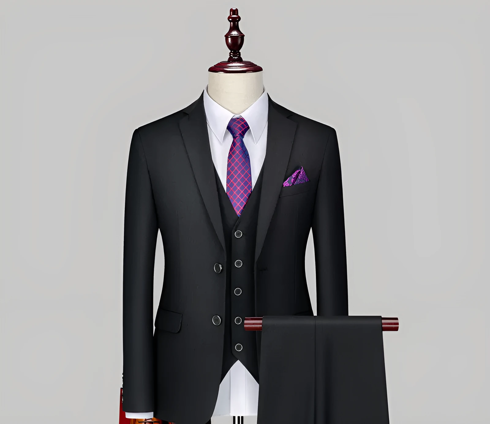 Men's three-piece suit set in pure black with double button front and suit collar, side slit design, acetate fibre blend fabric
