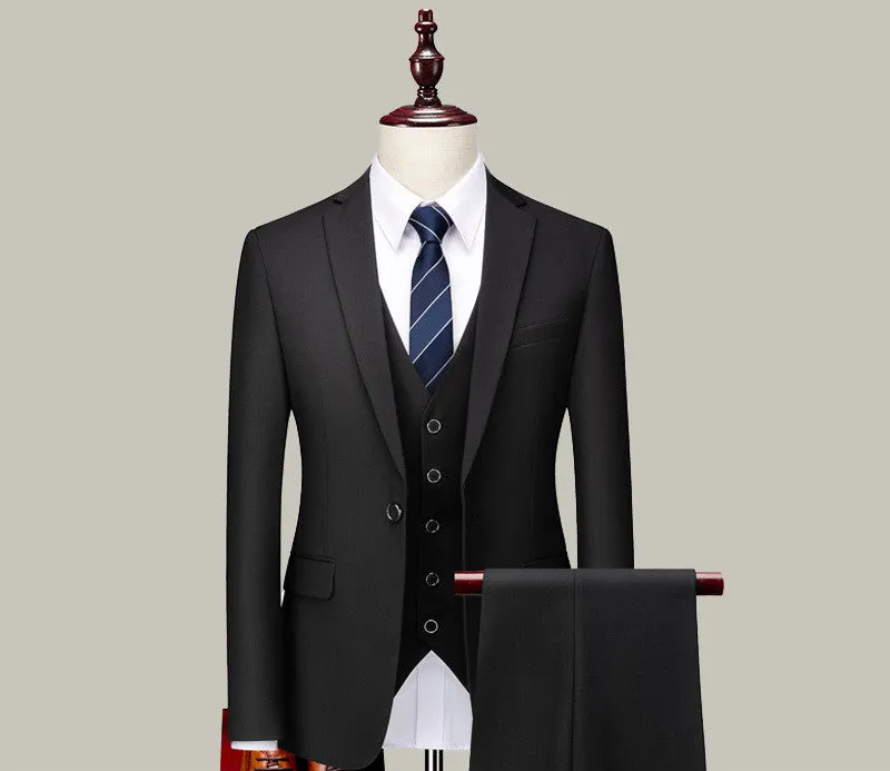 Men's three-piece suit set in pure black with double button front and suit collar, side slit design, acetate fibre blend fabric
