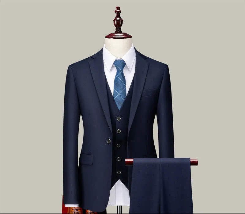 Men's three-piece suit set in pure black with double button front and suit collar, side slit design, acetate fibre blend fabric