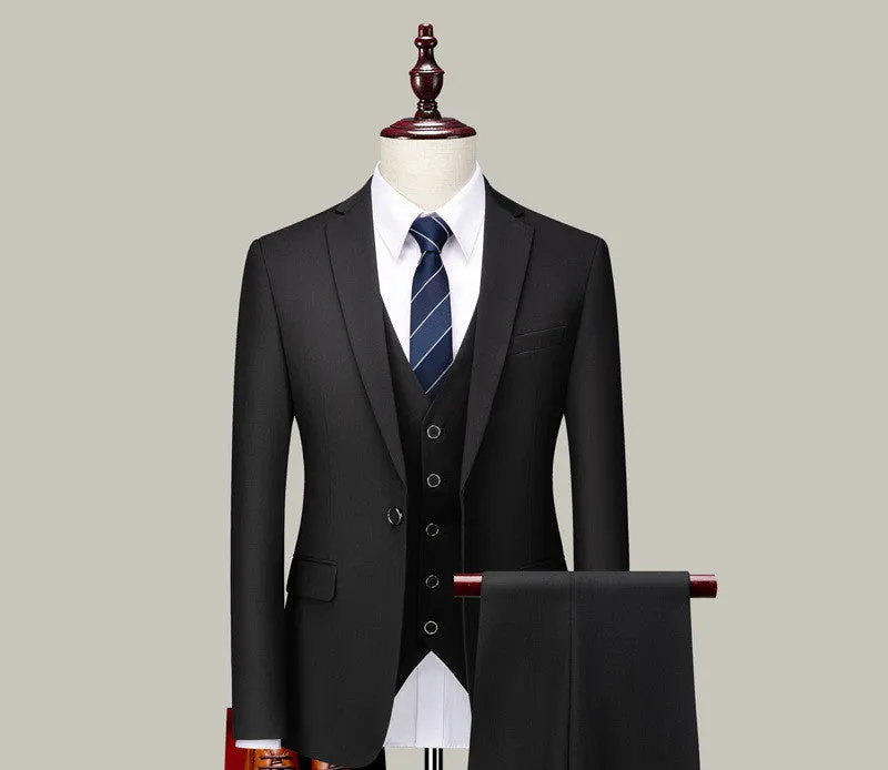 Men's three-piece suit set in pure black with double button front and suit collar, side slit design, acetate fibre blend fabric